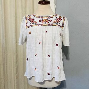 Knox Rose Embroidered Boho White Tassel Trim Peasant Blouse Top S Cottagecore